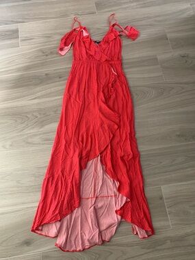 Express Coral Red High-Low Ruffle Wrap Dress with Shoulder Ties